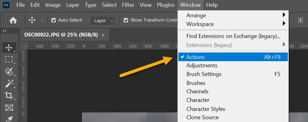 Menu Photoshop Windows → Actions
