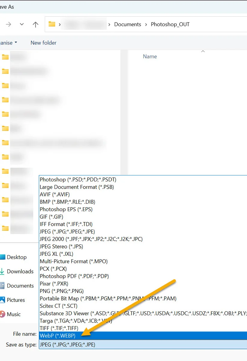 Choix du type de fichier WebP(*.WEBP) dans la liste déroulante Windows