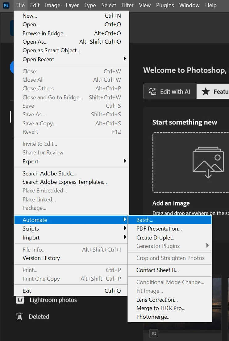 menu Photoshop File → Automate → Batch...