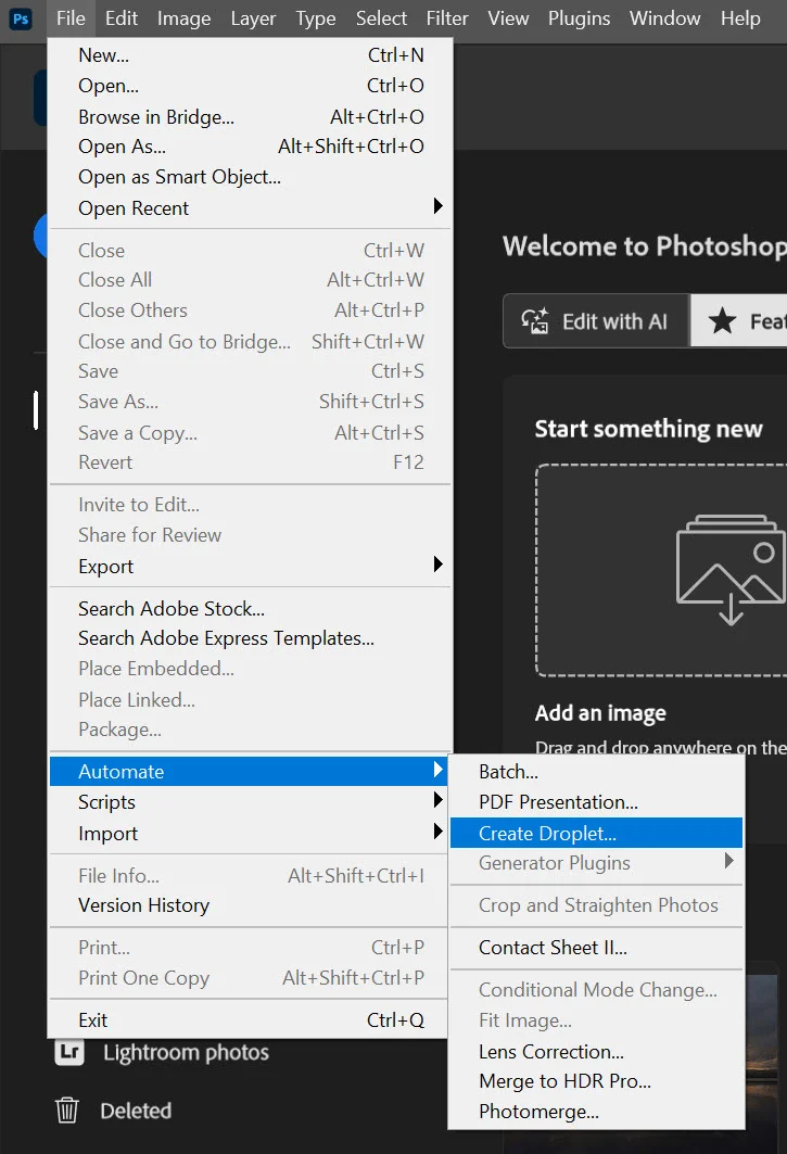 menu Photoshop File → Automate → Create Droplet...