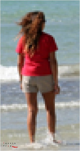 photo pixélisée d’une femme vue de dos marchant sur une plage