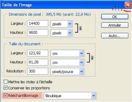 Fenetre Taille de l’image de Photoshop avec la case Rééchantillonage cochée
