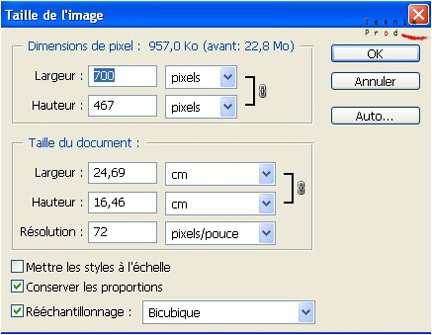 Fenetre Taille de l’image de Photoshop, la valeur 700 pixels est insérée dans la fenêtre de saisie largeur de l’image