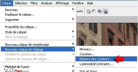menu balance des couleurs...