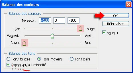 option boite de dialogue de la balance des couleurs