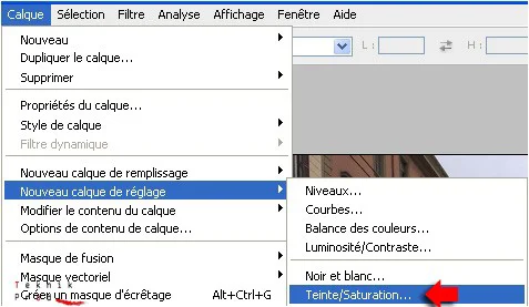 Menu nouveau calque de réglage de Teinte saturation