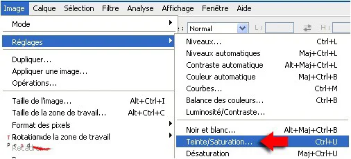Menu réglage teinte saturation