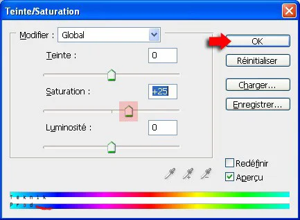 Validation des réglages de teinte saturation